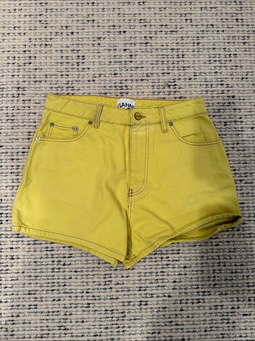 Ganni Bright Yellow High-Rise Denim Shorts size 30